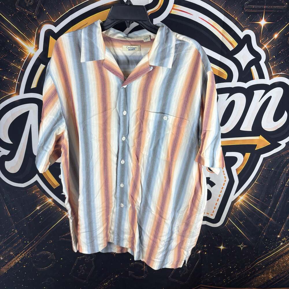 Caribbean Blues 100% Tencel Men's Striped Short Sleeve Camp Collar Shirt XL